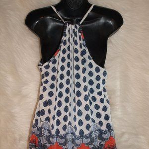 TANK TOP White With blue Design&Splash of Pink BY SPECIAL TEENS SIZE M USED